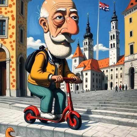naive art, abstract painting of bald grandpa riding a push scooter through Croatian capitol Zagreb, by Ronnie Biccard and Jimmy Alonzo and Kandinsky