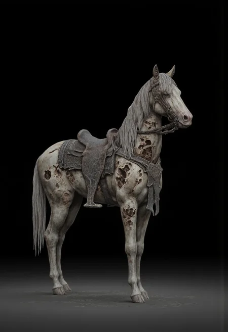 decayed non human Obscure medieval military armored rotting postulant horse without a rider
Standing on a flat ground
Set against a solid dark black color background to emphasize its unsettling unnatural form that emphasizes its silhouette. The medium is not a traditional painting or illustrative medium like watercolor or ink but rather a digital 3D rendering.
MikeFranchinastyle, bbstyle,, horror theme,, ZBClay model of a gray sculpture, zbrush, d4arks0uls, overcast lighting