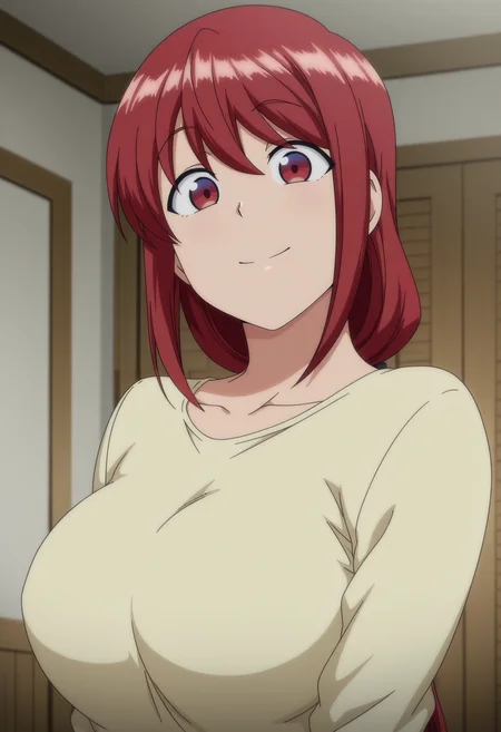 1girl,solo,mm,mature female,long hair,red hair,red eyes,long hair,large breasts,anime coloring,
shirt,upper body, looking at viewer, smile,indoors
,masterpiece,best quality,amazing quality,<lora:Natsumi_Obata-Saimin_Seishidou_ix:0.8>