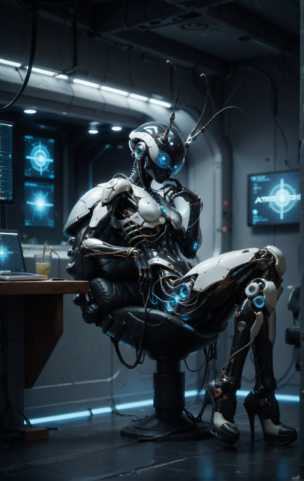 score_9, score_8_up, score_7_up, score_6_up, asrtomorph, tiny robotic alien, metallic shell with a sleek futuristic design, multiple flexible legs resembling cables, glowing blue core in its center, perched on a holographic control panel, its curious antennae twitching as it observes its surroundings, soft ambient light from the spaceship interior