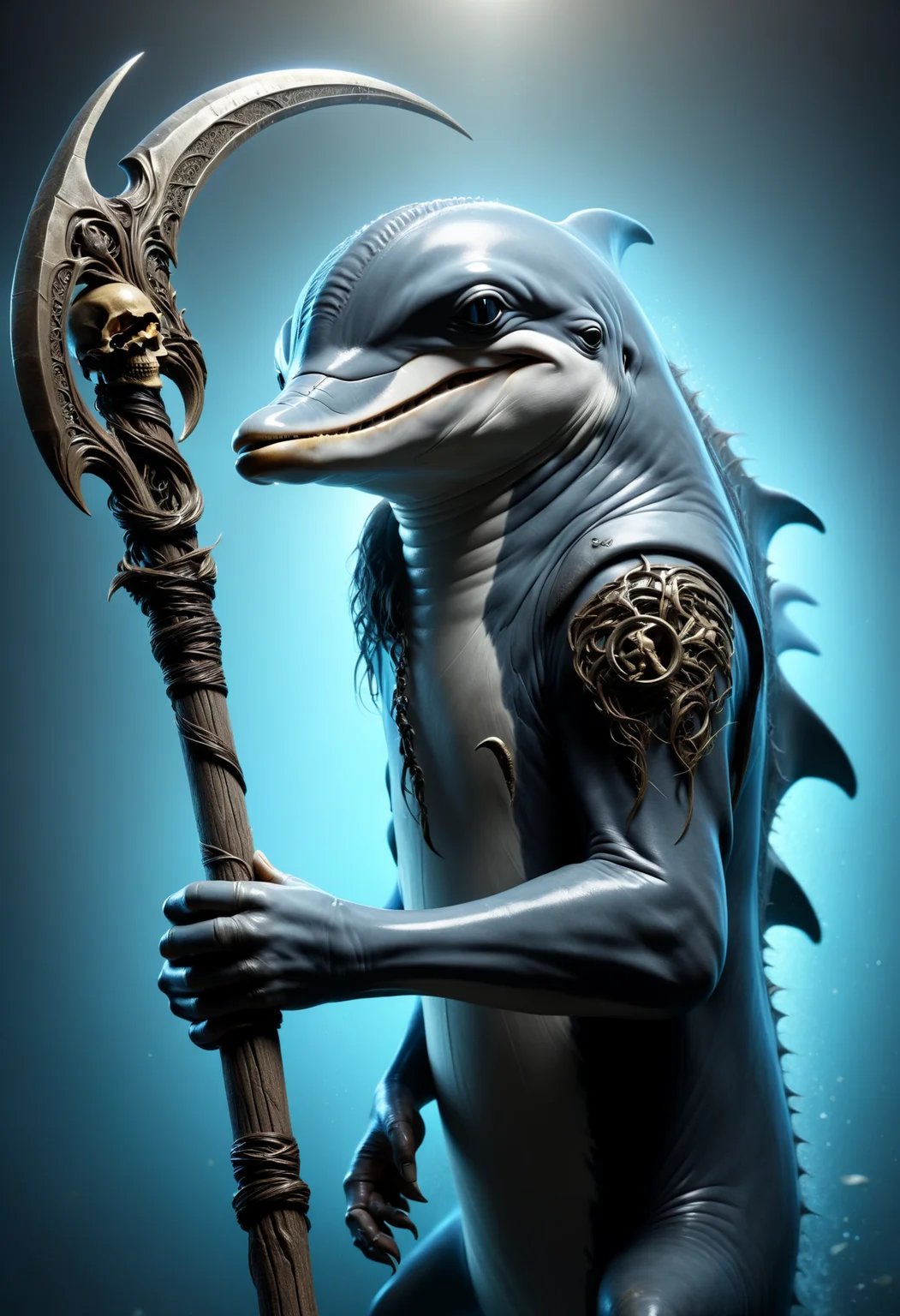 dolphin holding a DonM5cy7h3XL scythe, single blade <lora:DonM5cy7h3XL-v1.1-000006:0.8>