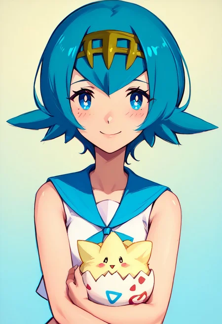 score_9, score_8_up, score_8, cute,
rating safe,
BREAK,
holding tgpi, smile, blush, leaning forward, upper body, source anime,
zzLana, yellow hairpiece, white shirt, sleeveless shirt, sailor collar,
BREAK,
smile, looking at viewer,
zPDXL, Expressiveh