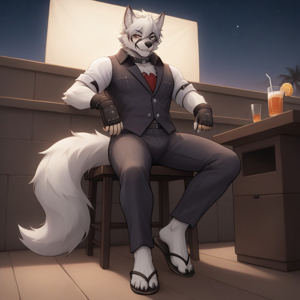 (((Barefoot furry character, full body, cinematic setting, furry male, plantigrade))) 
(((front view from below))) on Von Lycaon, muscular white wolf, in a (((yellow Hawaiian shirt))) with green or purple pattern, wearing long blue pants, goth accessories on outfit, nice feet paws with four toes and claws, feet towards the viewer, feet POV, (((brown flip-flops))), (((shoeplay))), (((his feet playing with flip-flops))), dynamic pose, smile, drinks whiskey, drunk, sleepy, on beach, near beach bar, (((night))), (((outdoors))), focus on feet paws, 
BREAK, intricate details, highly detailed, extreme detail, octane render, fine art, best quality, highres, (detailed face:1.5), ((full_body)), UHD, (((perfect hands))), low light, anime