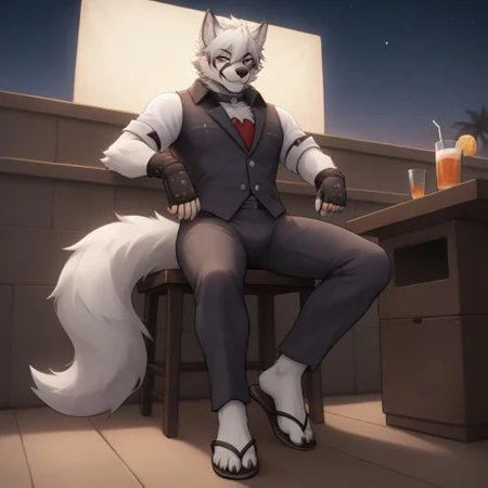 (((Barefoot furry character, full body, cinematic setting, furry male, plantigrade)))
(((front view from below))) on Von Lycaon, muscular white wolf, in a (((yellow Hawaiian shirt))) with green or purple pattern, wearing long blue pants, goth accessories on outfit, nice feet paws with four toes and claws, feet towards the viewer, feet POV, (((brown flip-flops))), (((shoeplay))), (((his feet playing with flip-flops))), dynamic pose, smile, drinks whiskey, drunk, sleepy, on beach, near beach bar, (((night))), (((outdoors))), focus on feet paws,
BREAK, intricate details, highly detailed, extreme detail, octane render, fine art, best quality, highres, (detailed face:1.5), ((full_body)), UHD, (((perfect hands))), low light, anime