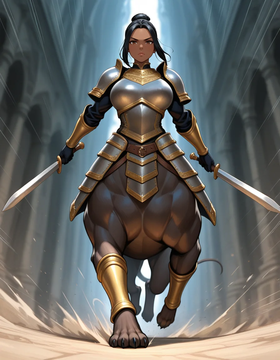 (masterpiece, best quality, ultra-detailed, absurdres, newest, detailed textures, correct anatomy:1), very aesthetic, 1girl, <lora:Scarlett_Ann-style_ix:0.25>, <lora:Empress_Style:0.25>, empress-style, <lora:momofuki_rio_style_illustrious_goofy:0.25>, <lora:pepe_jonasan_style_ilxl_goofy:0.25> , detailed background, Impressive, fascinating, attractive, sharp focus, expressive, extremely complex, stunning, marvelous, excellent composition, flawless, intricate, dark fantasy,
<lora:CentaurILL:1>, taur, centauroid, monster girl, holding weapon, breastplate, running, foreshortening, speed lines, blurry background, dynamic pose, dual wielding, <lora:RioMorales_Vpred:0.7>, RioMorales, black hair, brown eyes, single hair bun, dark-skinned female, mature female, curvy, large breasts,, panthera