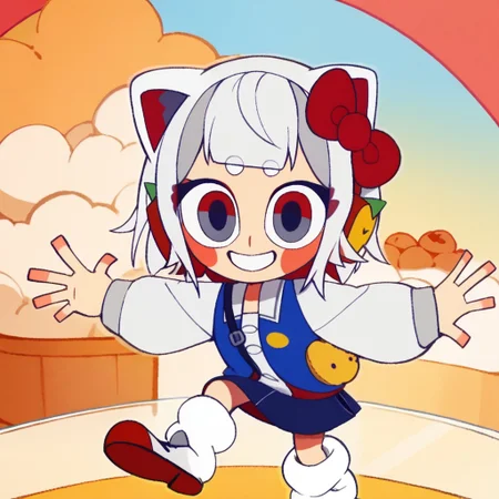 score_9, score_8_up, score_7_up BREAK HKGrl, 1girl, white hair, white bob cut, red gray eyes, pink cheeks, red hair bow, apple hairclips, white red cat ears, open white blue red yellow-button jacket, white buttoned undershirt, pleated dark blue skirt, long loose socks, red white shoes, smiling at viewer,