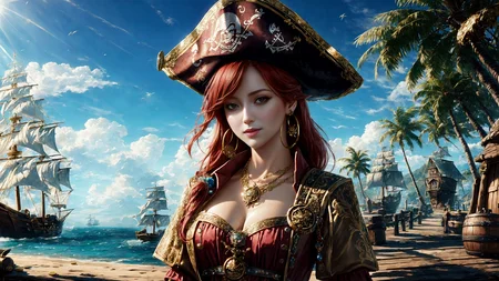 (young redhead pirate woman), (portrait), (parrot:1.2), sharp focus, (ultradetailed), (standing), (happy) smile, pirate (ship galleon:1.2, hoop earrings, gold medallion, Soft Pinkpirate clothes, pirate hat, hips, pirate (village), leafy beach coast, (treasure chest with coins, gems and jewels:1.2), (rum barrel), best quality masterpiece, bright sunny sky, backlight, natural lights, high contrast, hdr, shadows, pretty, beautiful, feminine, sexy, adorable, lovely, in love, (PirateDiffusionprt:0.5), <lora:Pirate:0.3> PrateT <lora:PirateRealms:0.3> <lora:Detail Tweaker LoRA add_detail:0.8> <lora:depth_of_field_slider_v1:5> <lora:SDXLrender_v2.0:0.9>