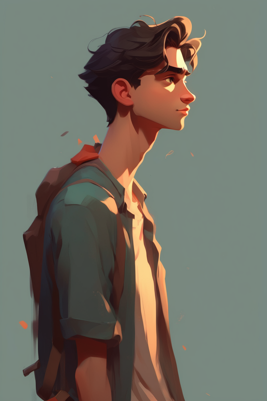 <lora:Atey Ghailan style:1>Atey Ghailan style - wide shot of side shot of an 20-year-old handsome