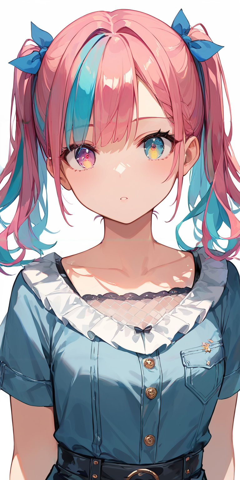 score_9, score_8_up, score_7_up,source_anime, high res image,masterpiece,best quality,girl,cute face,clear skin,shiny hair,ultra detailed eyes,simple background,  <lora:half twintail_pony_V1.0:1> half twintail, multicolored hair,ribbon