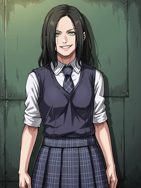 1girl, source_anime, score_9, <lora:zPDXL3:0.8> <lora:Pony_DetailV2.0:0.85> asymmetrical
darkness, nighttime, <lora:Based Eveline:0.8> sevenline,
school uniform, plaid necktie, plaid skirt, smile