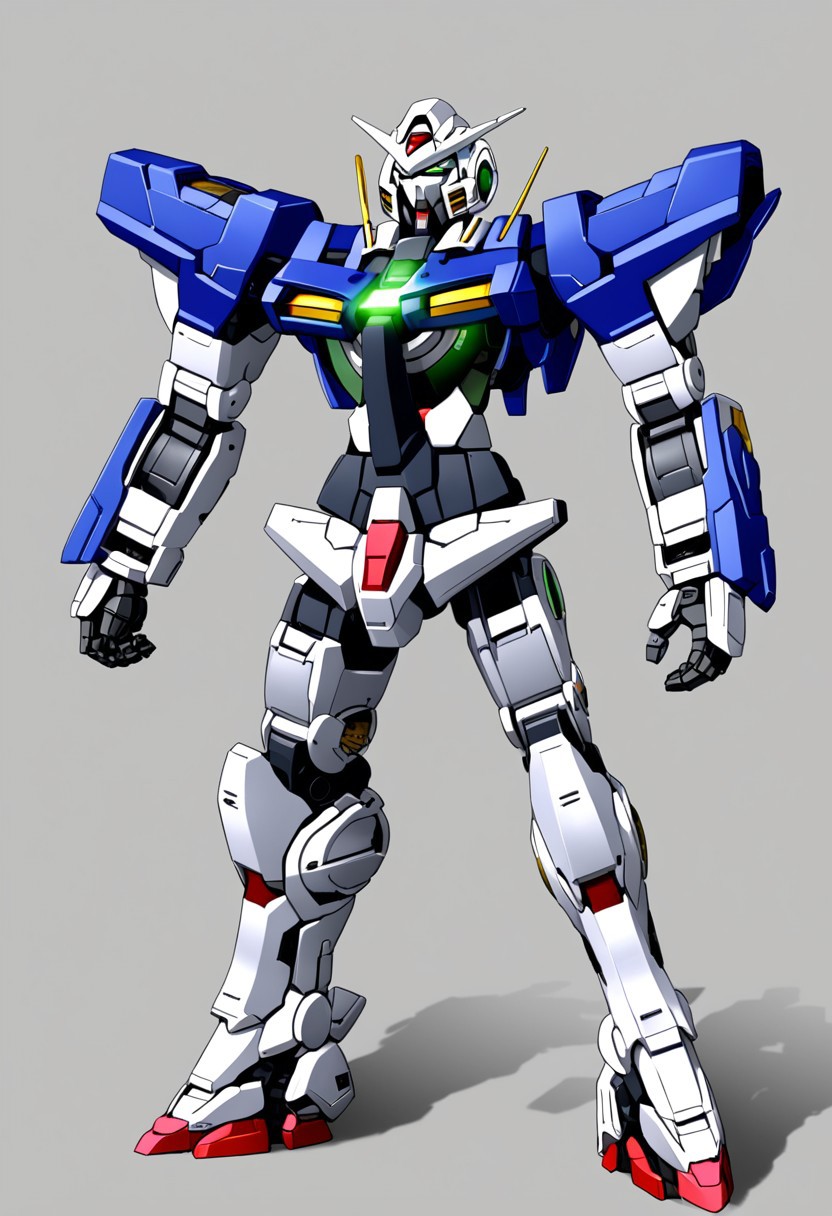 concept art, digital art, illustration, (source_anime), gundam_00, gundam, gundam_exia,  gn_drive, gn_particles, v-fin, white_armor, blue_armor, grey_armor, glowing_eyes, green_eyes, light_particles, sparks, sword, weapon, mecha, mobile_suit,robot, no_humans, science_fiction,