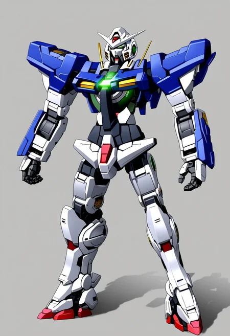 concept art, digital art, illustration, (source_anime), gundam_00, gundam, gundam_exia,  gn_drive, gn_particles, v-fin, white_armor, blue_armor, grey_armor, glowing_eyes, green_eyes, light_particles, sparks, sword, weapon, mecha, mobile_suit,robot, no_humans, science_fiction,