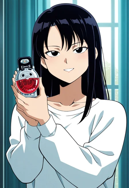 masterpiece, best quality, anime style, anime, anime screencap, amazing quality, very aesthetic, absurdres, newest, cinematic, perfect face, detailed face, beautiful face, A9eha, 1girl, solo, female focus, black hair, long hair, curtain bangs, white sweater, long sleeves, white sleeves, holding small KomanVois, small KomanVois, close up