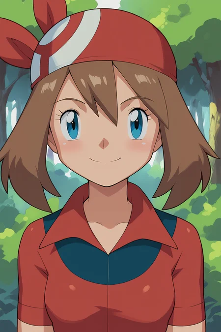score_9, score_8_up, score_7_up, score_6_up, BREAK, MayPXL, blue eyes, brown hair, short hair, hair between eyes, red bandana, small breasts, red shirt, short sleeves, solo, front view, (portrait, upper body), solo focus, seductive smile, looking at viewer, forest <lora:MayPXL:1>