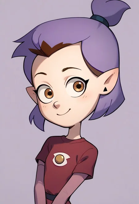 score_9,score_8_up,score_7_up, disney the owl house Amity Blight, sexy attire, 1 girl, purple hair, pink t-shirt, red jumpsuit, half body