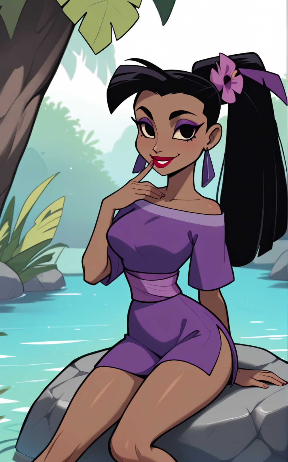 best quality, absurdres, <lora:BolivanteStyleITS:0.8>,  <lora:YITENSITS:0.9>, YITENSITS, dress, purple dress, short dress, side slit, sash purple sash, black hair, ponytail, hair ornament, black eyes, dark skin, dark-skinned female, makeup, red lips, bare shoulder, short sleeves, earrings,slim,hair flower,sitting, boulder, smile, hand in mouth, outside, jungle, lake ,submerged