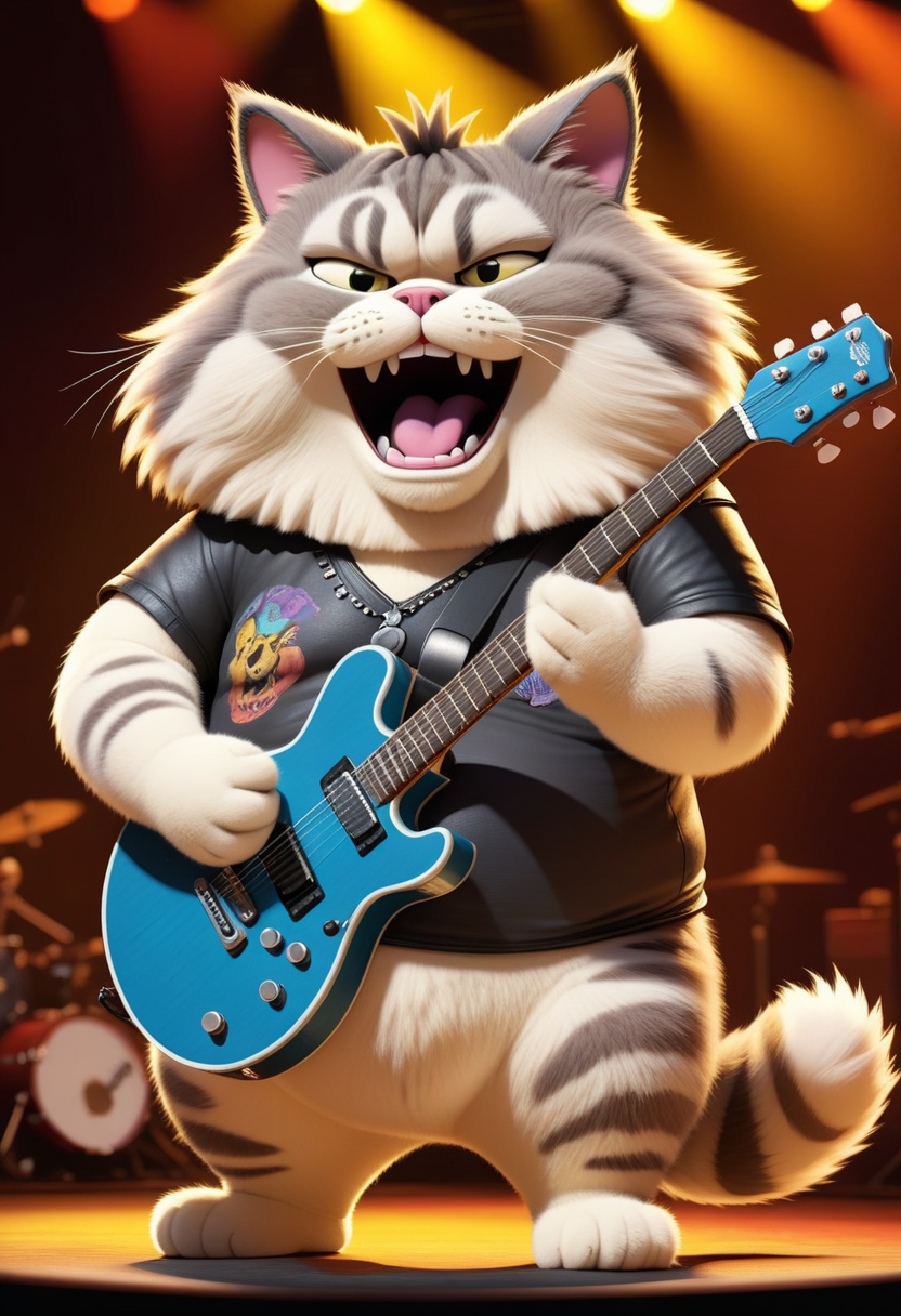 pixar style,  (an animal fat cat as rock singer), playing base guitar, hand drawing,  in the concert, big furry animal tummy, illustration  (best quality), (masterpiece)