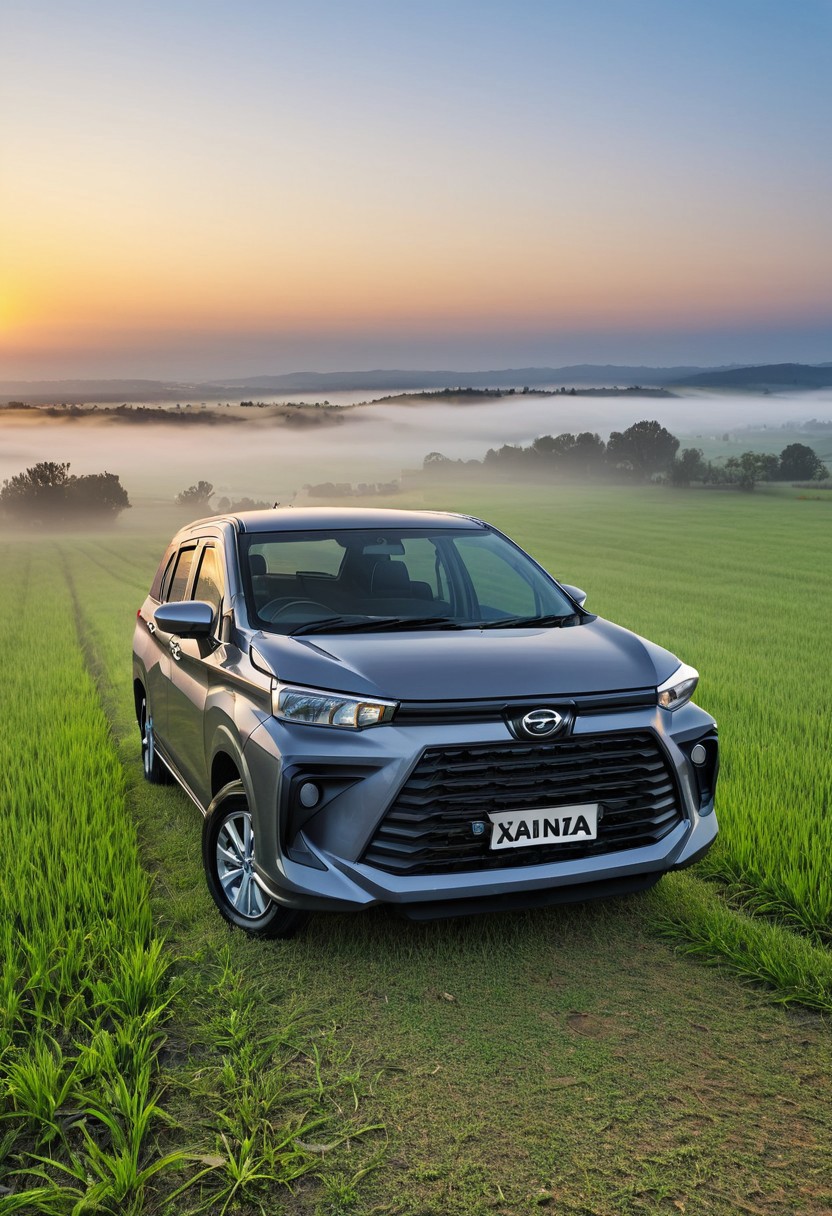 high resolution, best quality, Car, Daihatsu Xenia, Early dawn, misty fields, rising sun,