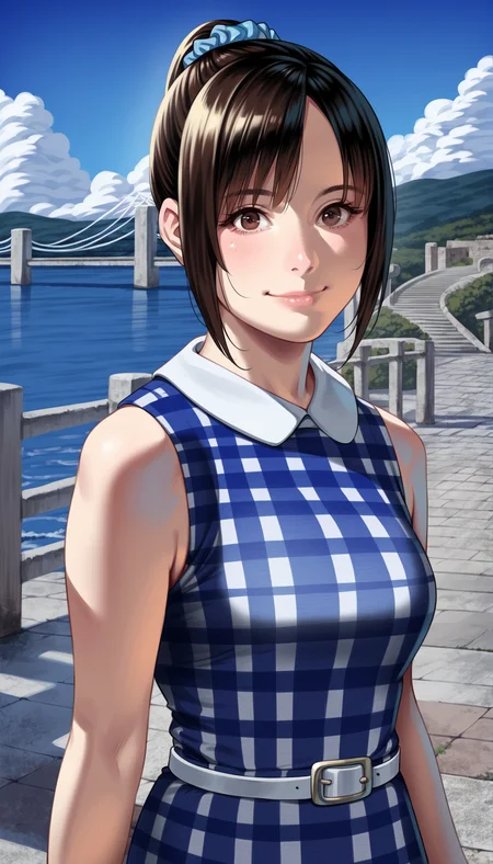score_9,score_8_up,score_7_up,
highly detailed,highres,photorealism,(realistic:1.2),
<lora:miiyamotohikari:0.9>,miiyamotohikari,
1girl,solo,black hair,bangs,blue scrunchie,
brown eyes,looking at viewer,smile,
sleeveless blue plaid dress,white collar,white wristwatch,white belt,
portrait,
blurry background,outdoors,beautiful landscape,clear sky,ocean,cloud,pavement,stone lantern,stone steps,sea fence,bridge in the background,distant mountains,summer,