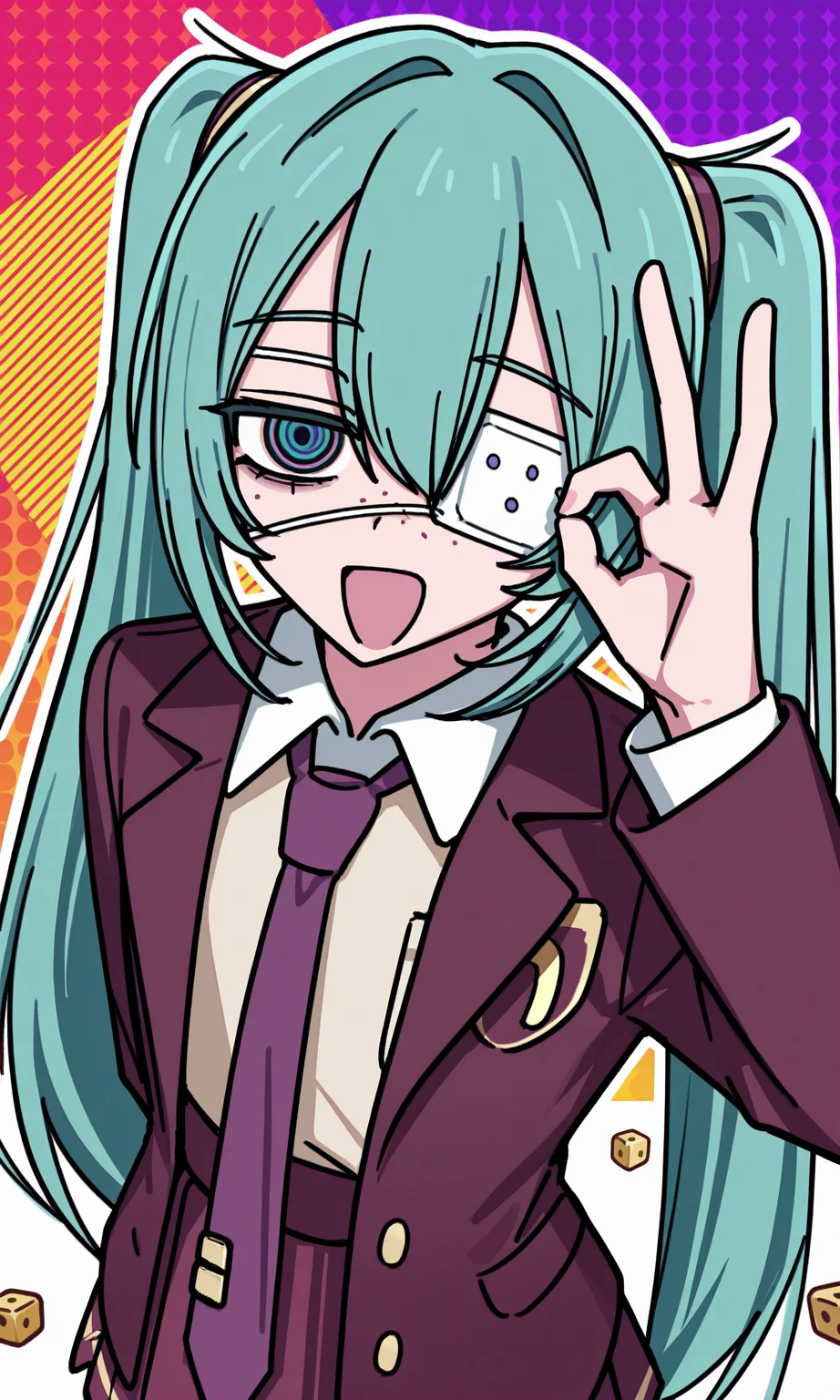 1girl, hatsune miku, hmmonitoring, very long hair, twintails, bangs, hair between eyes, medical eyepatch, freckles, school uniform, collared shirt, necktie, jacket, open jacket, long sleeves, pleated skirt,
arm behind back, one eye covered, bags under eyes, ringed eyes, multicolored background, coin, purple necktie, abstract background, dice, patterned background, ok sign, half-closed eyes, open mouth, happy,
rating safe, caststation illu,
masterpiece, best quality, amazing quality, highres, newest,  <lora:[illustrious]_caststation_illustration_v1_(MikuMasterRace):1.0> <lora:Hatsune_Miku_Monitoring:1.0>