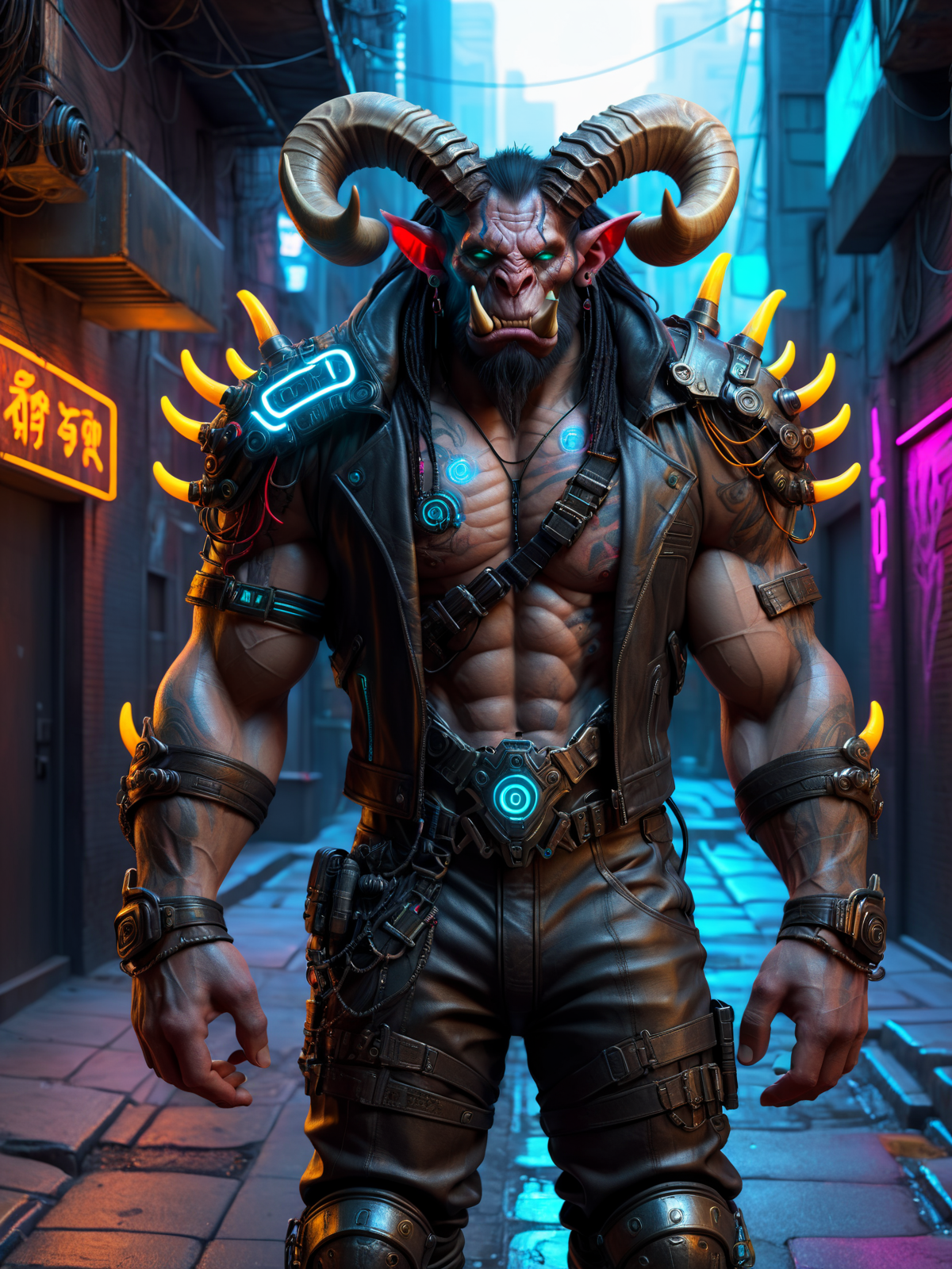 troll, man, horns, tusks, cyberpunk, dirty alley, leather clothes, armor plates, neon lights  <lora:Neon_Cyberpunk_SDXL_Trolls:1>, (masterpiece:1.2), best quality, (hyperdetailed, highest detailed:1.2), high resolution textures