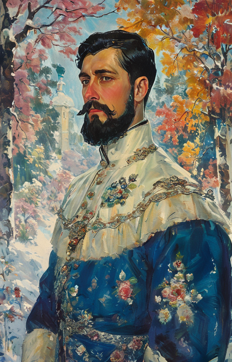 masterpiece,best quality,<lora:tbh263-sdxl:0.9>,illustration,style of Boris Kustodiev portrait of noble man