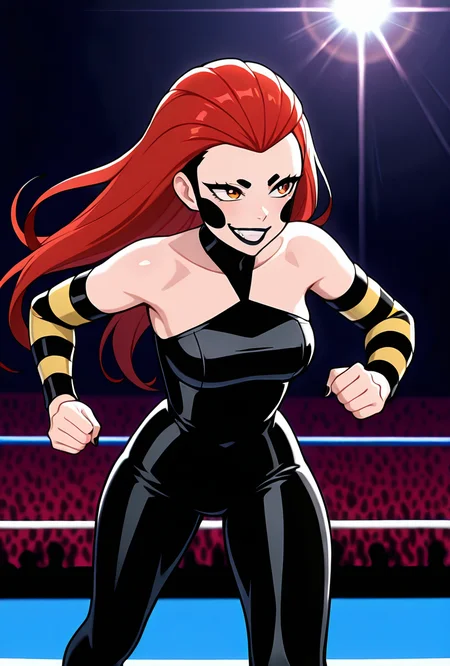 <lora:frightwig:1> frightwig, 1girl, long hair, red hair, bare shoulders, hair down,  black lips, striped sleeves, black cheeks, detached sleeves, black bodysuit, facing forward, evil grin, teeth,  wrestling ring, zoomed out, lens flare, dynamic pose,  fighting,, masterpiece, best quality, amazing quality, very aesthetic, absurdres, newest,