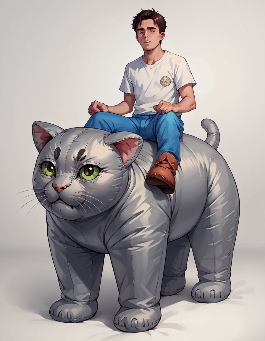score_9, score_8_up, score_7_up, score_6_up, score_5_up, score_4_up, source_anime, best quality,  hud_inf_eleph, 1boy, shirt, <lora:hud_inf_eleph_XLP:0.7>, riding inflatable cat