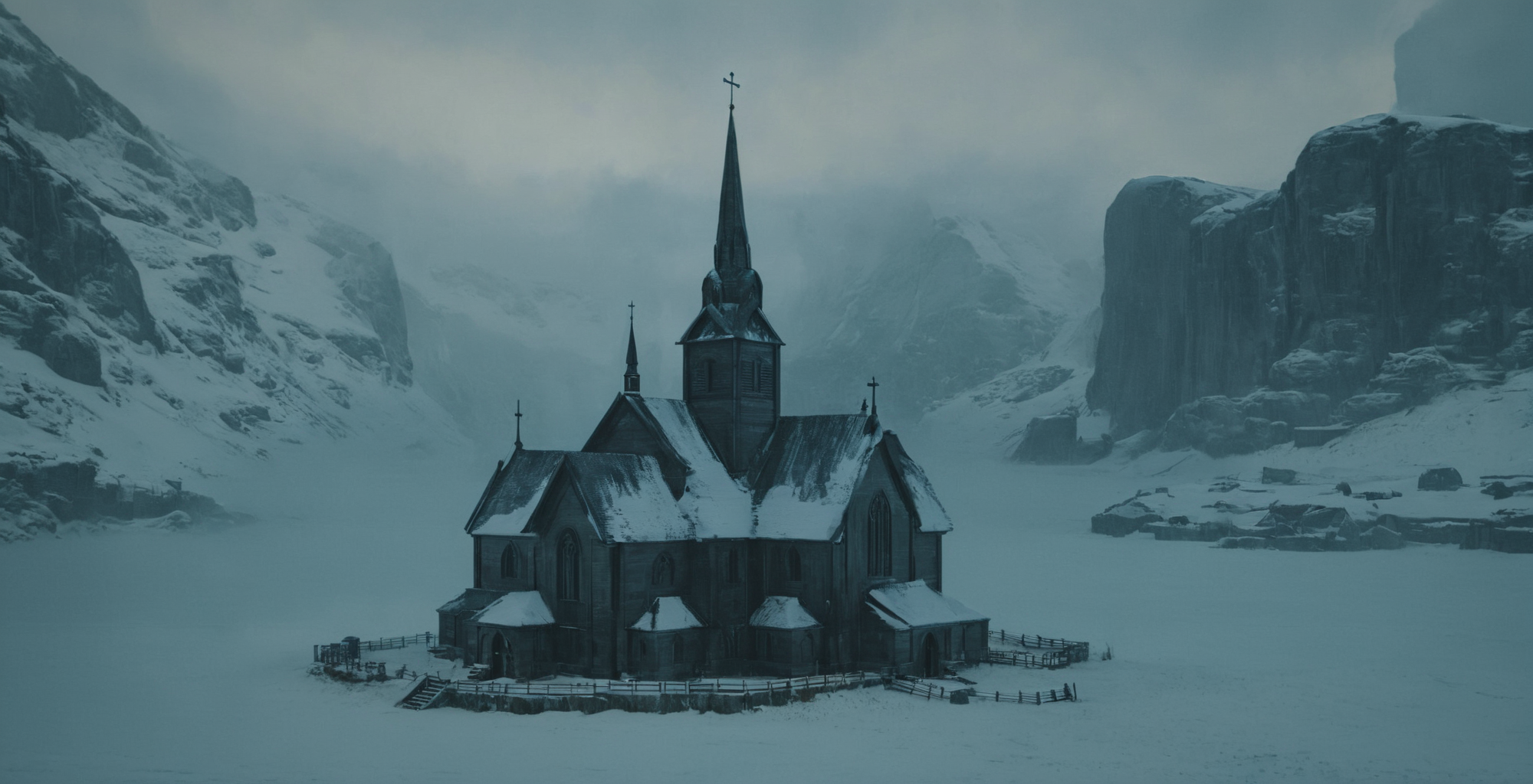 best quality, masterpiece, raw photo, 8k, uhd, cinematicpainting, one norvegian church in the middle of a norway landscape,cyan tones    <lora:Cinematic_Painting_XL-000002:1>
