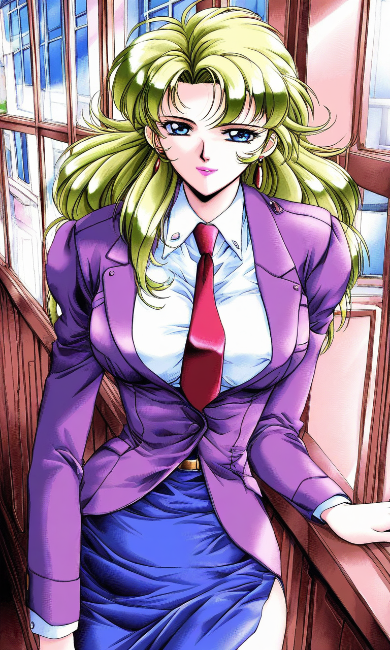 general,highres, ultra-detailed,very aesthetic,best quality ,best hands, BREAK <lora:Naitou_Midori_SHANGRLIA2_IS:1>
Naitou_Midori, 1girl, solo,  blond green hair, blue eyes, jewelry, earrings, long hair, large breasts, pink lipstick.
light smile, looking at viewer, ï¼purple jacket, red necktie,blue skirt, 
window, shirt, formal, long sleeves, outdoor,