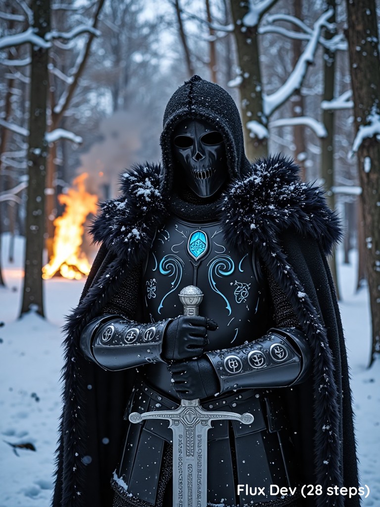 Gothic knight in an enchanted winter forest, their black armor etched with glowing runes and intricate designs. Snow falls softly, catching on the knight’s fur-lined cloak, while the distant fire glows with supernatural blue flames. The knight grips an ancient, runed sword, its blade pulsing with dark magic. The forest around them is filled with twisted, snow-covered trees, adding to the eerie, otherworldly atmosphere, as if the knight is guarding a portal to another realm.

