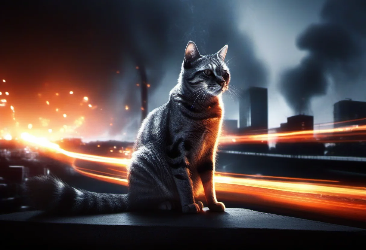 cinematic film still, A cat, bf3, <lora:BFXL:1> . city, vignette, highly detailed, high budget, cinemascope, moody, epic, gorgeous, film grain, grainy, fire, explosion, long exposure
