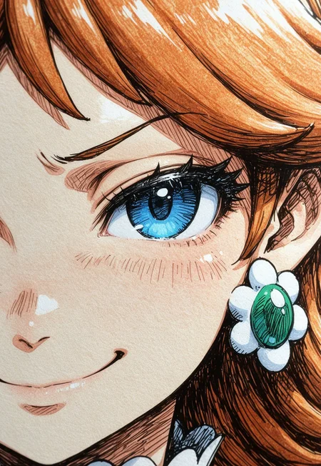 masterpiece, best quality,
1girl, princess daisy, close up, looking at viewer, color sketch
rough sketch, traditional media, linear hatching, smug