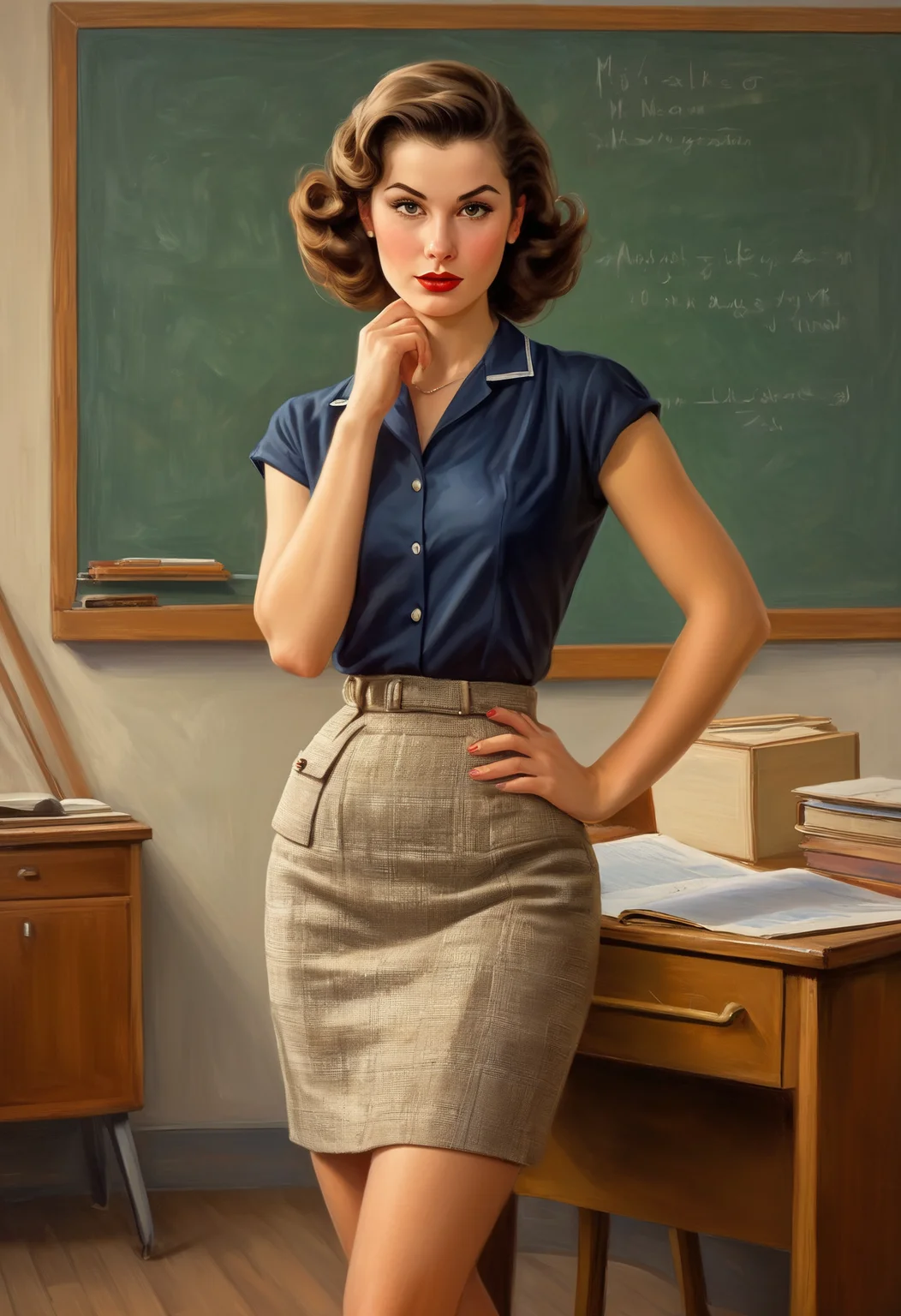 Illustration, refined lineart, a teacher of the french language, she has mid length brown hair, striking hazel eyes, skinny and frail, pinup style, short mini skirt, nervous energy, art by (Art Frahm), 50s illustration style, modern classroom setting, masterpiece, 8k, hdr, painterly style, (art by Claude Monet), rough brushwork, textured paint, she hasperfect hands