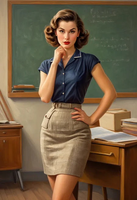 Illustration, refined lineart, a teacher of the french language, she has mid length brown hair, striking hazel eyes, skinny and frail, pinup style, short mini skirt, nervous energy, art by (Art Frahm), 50s illustration style, modern classroom setting, masterpiece, 8k, hdr, painterly style, (art by Claude Monet), rough brushwork, textured paint, she hasperfect hands