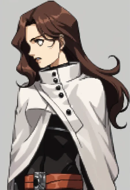score_9, score_8_up, score_7_up, source_anime, BREAK 1girl, parted lips, looking to the side, <lora:P2-Protraits-pdxl_Fp:1> portrait, simple background, <lora:zs_YukaXL:1> yukasmt, brown hair, long hair, bodysuit, white cape, belt, gloves