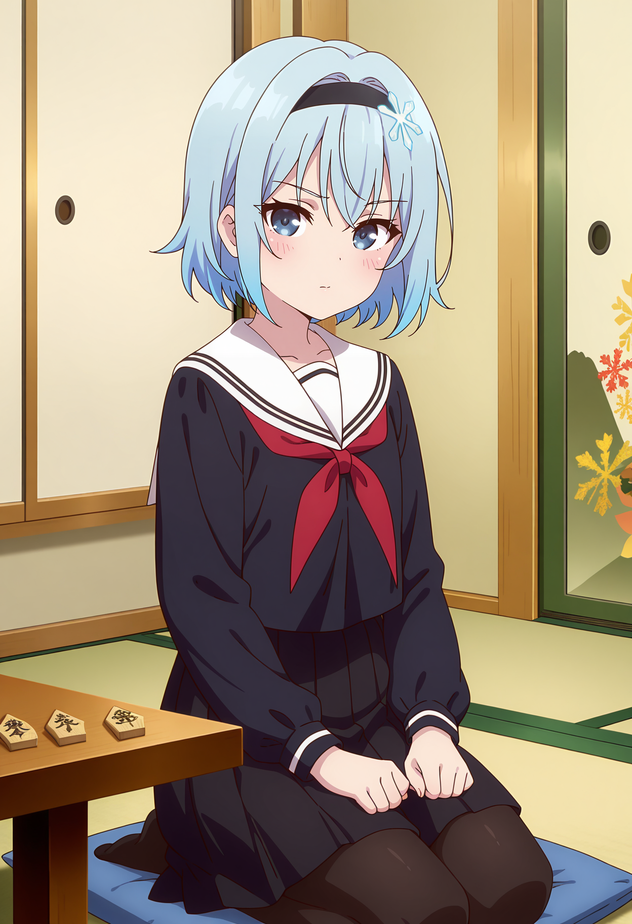 anime screencap, masterpiece, best quality,
<lora:RyuuouNoOshigoto!_SoraGinko_IlluXL:0.9>,
1girl, solo, closed mouth, blush,
short hair, light blue hair, blue eyes, black hairband, snowflake hair ornament,
GinkoSerafuku, white sailor collar, black shirt, red neckerchief, pleated skirt, black skirt, black pantyhose,
seiza, zabuton, table, shogi, looking at viewer, cowboy shot,
indoors, shouji, tatami