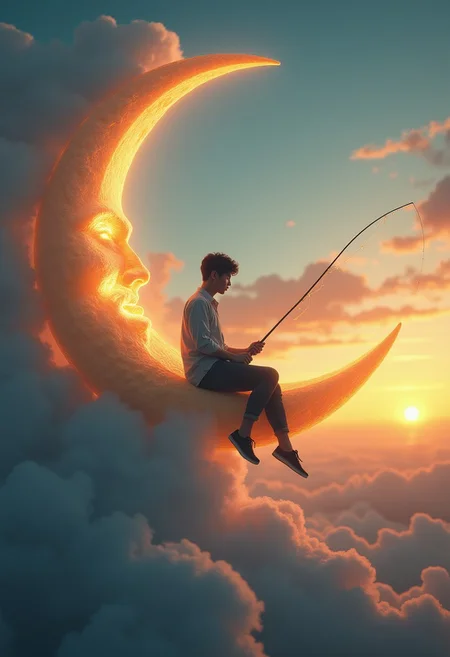 An young man sits serenely on a crescent moon, (fishing among the clouds:1.4). The scene has an evening, tranquil atmosphere. It’s dreamy and whimsical.
deep depth of field, photography, Natural geographic photo, Hyper-realistic, 16k resolution, (masterpiece, award winning artwork), many details, extreme detailed, full of details, Wide range of colors, high Dynamic,
