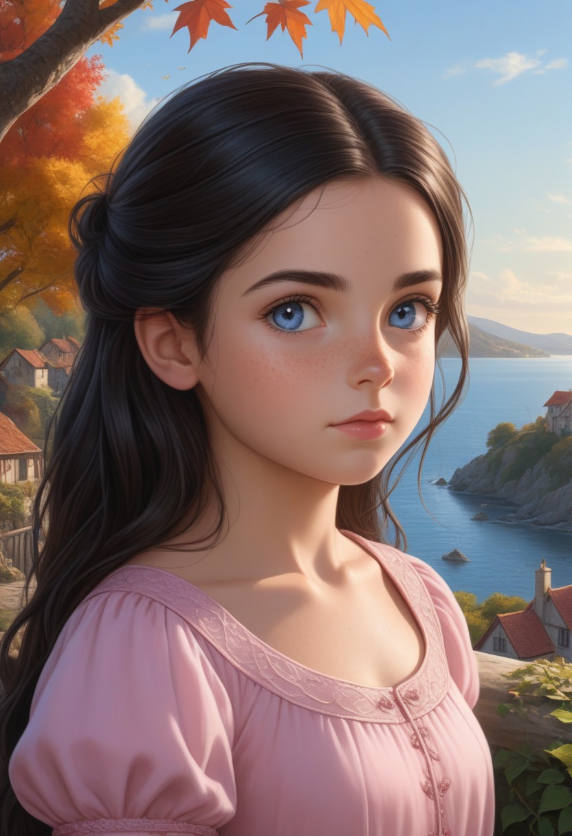 (photorealism:1.5)
child female princess, young child princess, thoughtful expression, gazing at the majestic tree, falling leaves,  calm coastal village in the background, warm sunlight, vibrant colors, high contrast, hyper-realistic, serene atmosphere, pensive pose, detailed, high-definition, reflective mood, peaceful setting,  long black hair, blue eyes, young face, 
slight freckles, long eyelashes, thick eyebrows, cute princess  dress,  pink dress,