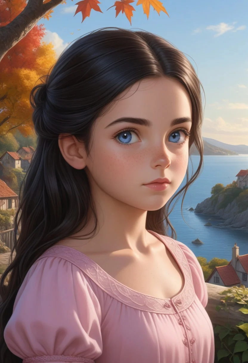 (photorealism:1.5)
child female princess, young child princess, thoughtful expression, gazing at the majestic tree, falling leaves,  calm coastal village in the background, warm sunlight, vibrant colors, high contrast, hyper-realistic, serene atmosphere, pensive pose, detailed, high-definition, reflective mood, peaceful setting,  long black hair, blue eyes, young face, 
slight freckles, long eyelashes, thick eyebrows, cute princess  dress,  pink dress,