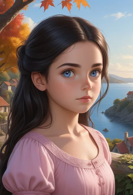 (photorealism:1.5)
child female princess, young child princess, thoughtful expression, gazing at the majestic tree, falling leaves, calm coastal village in the background, warm sunlight, vibrant colors, high contrast, hyper-realistic, serene atmosphere, pensive pose, detailed, high-definition, reflective mood, peaceful setting, long black hair, blue eyes, young face,
slight freckles, long eyelashes, thick eyebrows, cute princess dress, pink dress,
