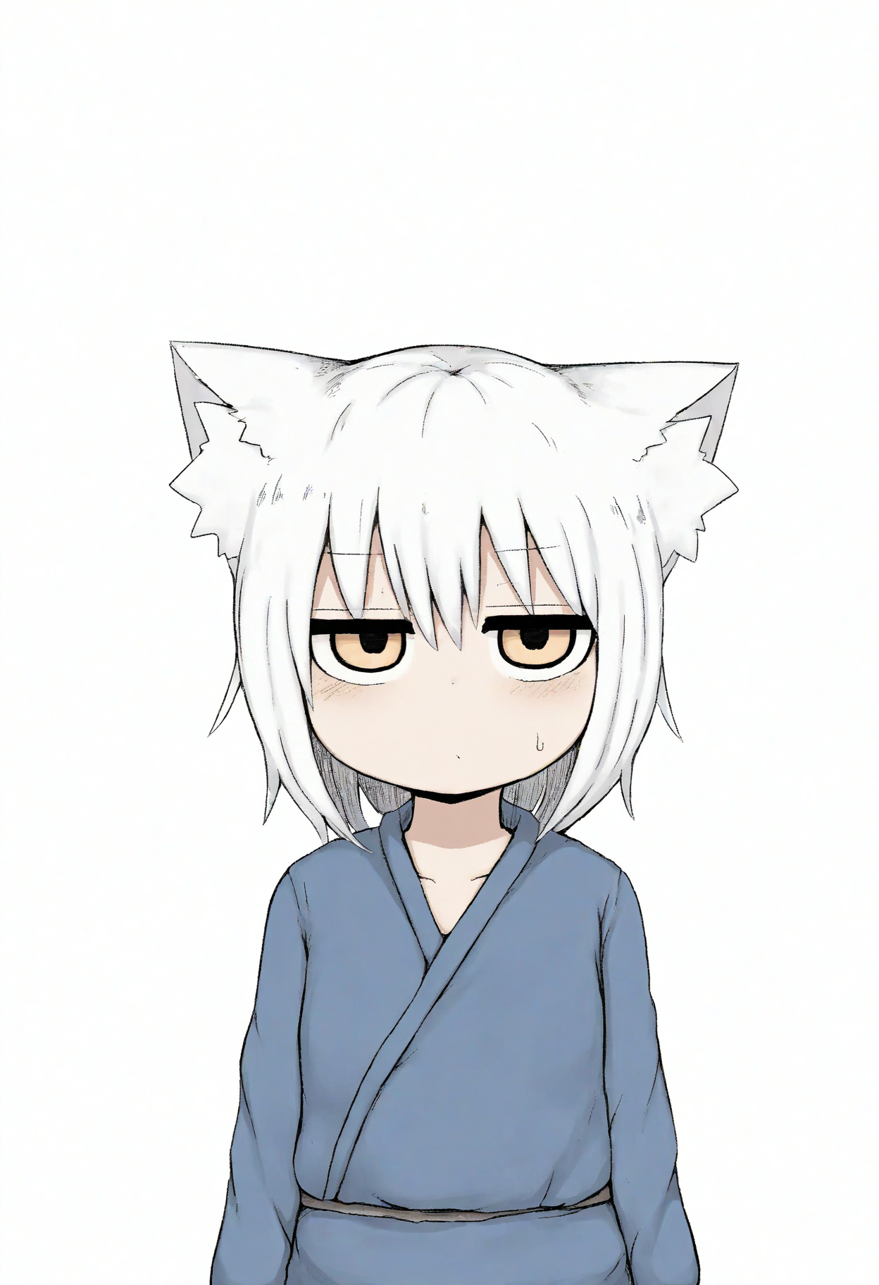 high definition, amazing quality, very aesthetic, best quality, masterpiece, highres, simple background, white background, 
1girl, standing, upper body, looking at viewer, solo, fox girl, white hair, kimono, jitome,  <lora:lbl_style_NoobAI_v2:1> lbl,