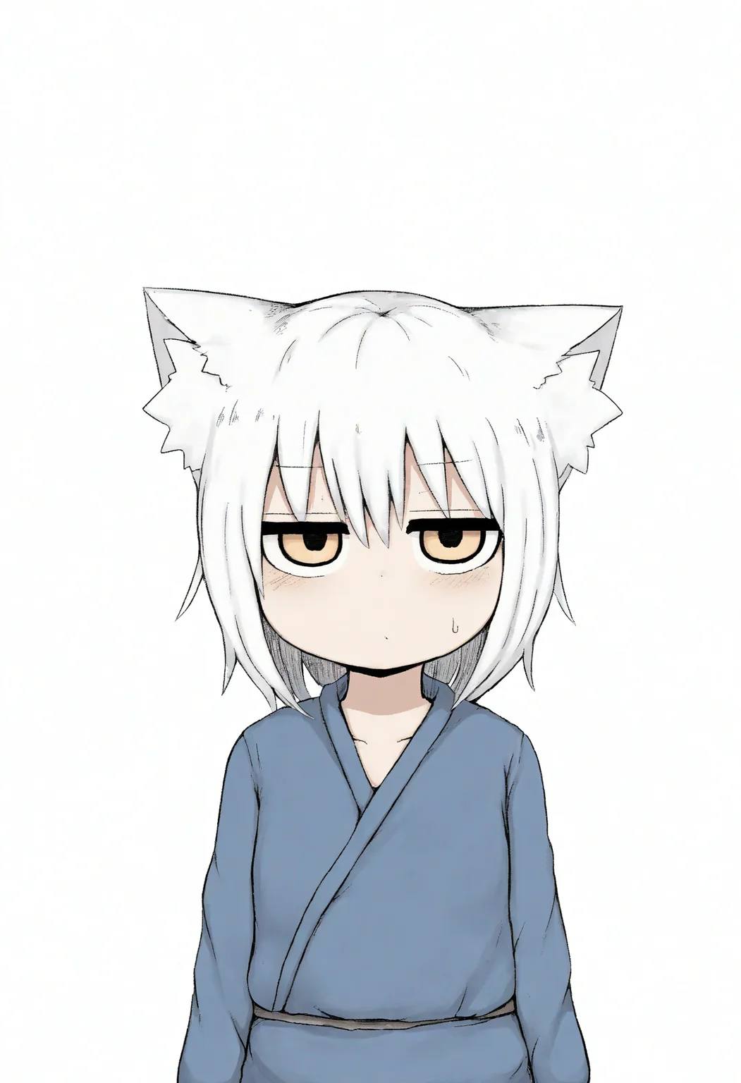 high definition, amazing quality, very aesthetic, best quality, masterpiece, highres, simple background, white background,
1girl, standing, upper body, looking at viewer, solo, fox girl, white hair, kimono, jitome, <lora:lbl_style_NoobAI_v2:1> lbl,