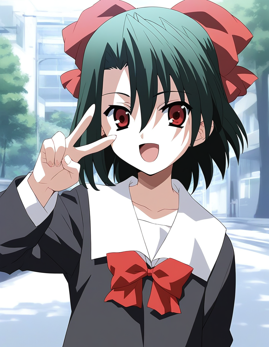 score_9, score_8_up, score_7_up, source_anime, rating_explicit, BREAK  <lora:Kiyoura_Setsuna_XL:1> Kiyoura_Setsuna, black hair,  green hair, short hair, red eyes, red bow, hair ribbon, flat chest,hair between eyes, bangs,
1girl, solo, v, one hand peace sign, open mouth, doya, :d, school uniform,  collarbone,  long sleeves,
looking at viewer, 
cowboy_Shot,
outdoor, school,