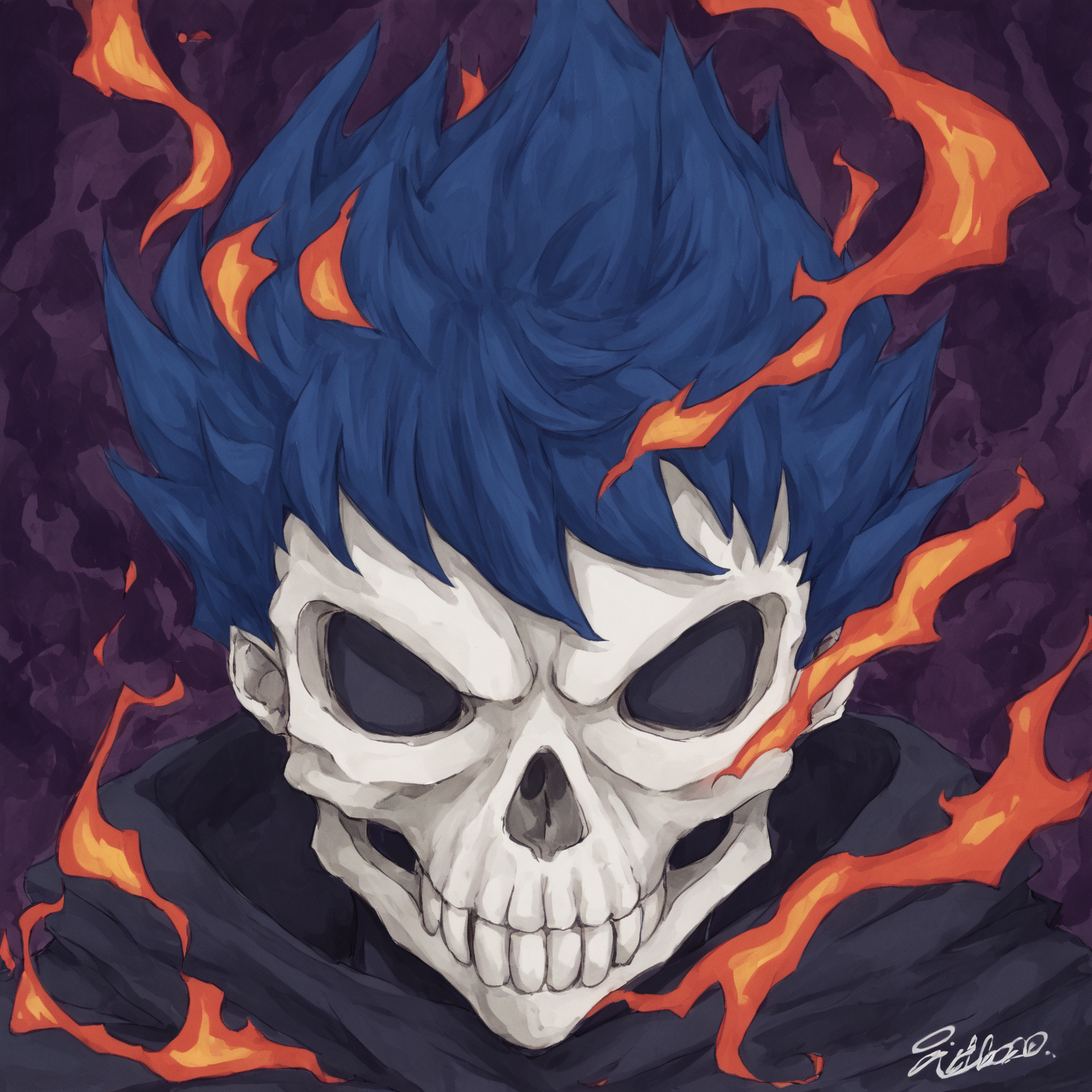 <lora:SlimesAtsushiOhkuboStyle:1>, slimes_atsushistyle, skull knight, portrait, blue flames, burning background, art by Atsushi Ohkubo