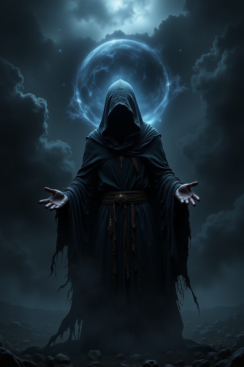 This is a dramatic, CGI-generated image depicting a powerful, mystical scene steeped in void-like darkness. The central figure is an imposing, hooded entity, draped in a tattered cloak that billows eerily around them, as if alive with the essence of shadow itself. Their face remains obscured by the deep shadows of the hood, enhancing the enigmatic and ominous atmosphere. As they stand with arms raised and hands open, a swirling mass of void energy radiates from their fingertips, distorting the surrounding darkness and hinting at their immense control over the chaotic forces of the abyss that swirl around them, pulling in light and matter alike.