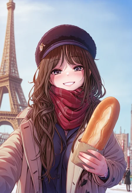<lora:SDXL\Illustrious\MitsuArtXL.safetensors:1.0:1.0> <lora:SDXL\Illustrious\ComfyUI_itercomp_00001_.safetensors:1.0:1.0>french berret, eiffel tower, brunette, bread baguette,1girl, long_hair, looking_at_viewer, smile, hat, jacket, upper_body, outdoors, teeth, solo_focus, day, scarf, grin, blurry, coat, depth_of_field, blurry_background, selfie, real_life_insert BREAK mitsuartstyle,masterpiece, absurdres, aesthetic, best quality,