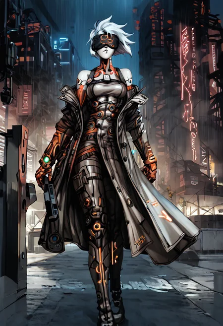 short tomboy hair, clear raincoat, cyberpunk, wearing a vr headset, shiny skin, walking in a cyberpunk dystopian city at night in the poruing rain, illuminated by neon lights <lora:masamune shirow_pony:1> solo, 1girl, cyborg, <lora:NAHIRI:1> nahiri, 1girl, solo, short hair, breasts, bare shoulders, white hair, colored skin, white skin , nomads, bakunin, moderator, holding a pistol, ligth armour, white armour, source_anime, score_9_up, score_7_up, score_8_up