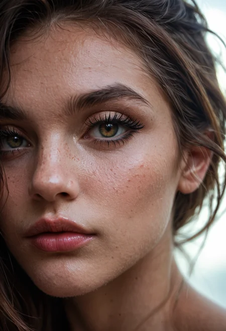 score_9, score_8_up, 1girl, upper body, close-up, looking at viewer, detailed skin texture, soft lighting, photorealistic, ultra detailed, hyper realistic, smooth skin, subtle freckles, glistening highlights, highres, long eyelashes, glossy lips, parted lips, natural makeup, warm ambient light, shallow depth of field, soft focus background, delicate features,