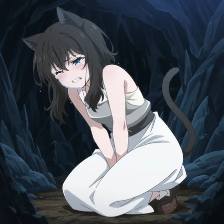 nsfw, masterpiece,best quality,amazing quality,1girl, solo, reincarnated_as_a_sword_fran, full body, blue eyes, white dress, teeth, tears, crying, clenched teeth, anime coloring, crying with eyes open, one eye closed, brown hair, black hair, long hair, sad, cat ears, cat tail, cave, <lora:Fran_-_Reincarnated_as_a_Sword:0.7>
